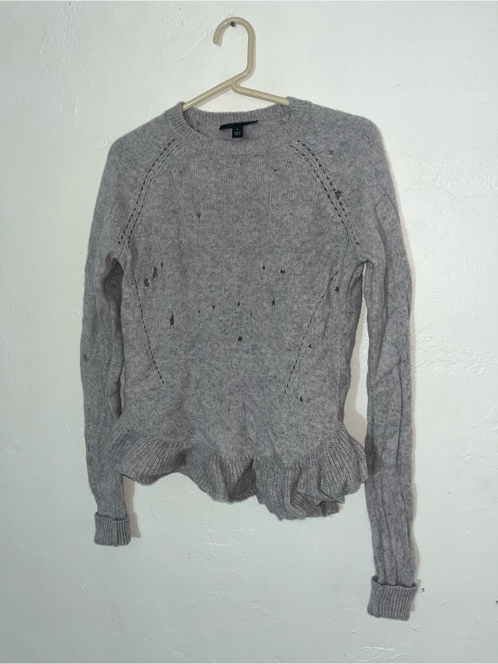 Ann Taylor Wool Cashmere Distressed Peplum Flare Hem Crewneck Sweater Light Gray